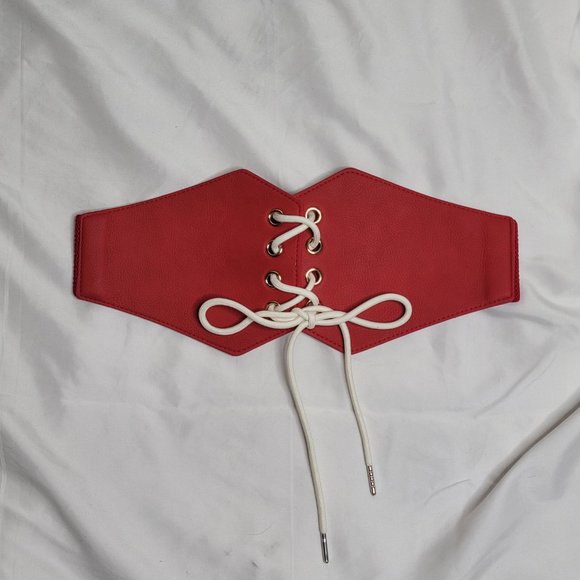 Women's LCF Steampunk Red and White Lace-up Elastic Waistband Corset Belt - Picture 15 of 17